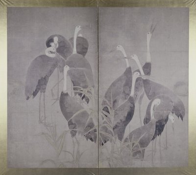 Eleven Female Cranes Standing in Dry Reed Bed, c.1700-50 by Ogata Korin